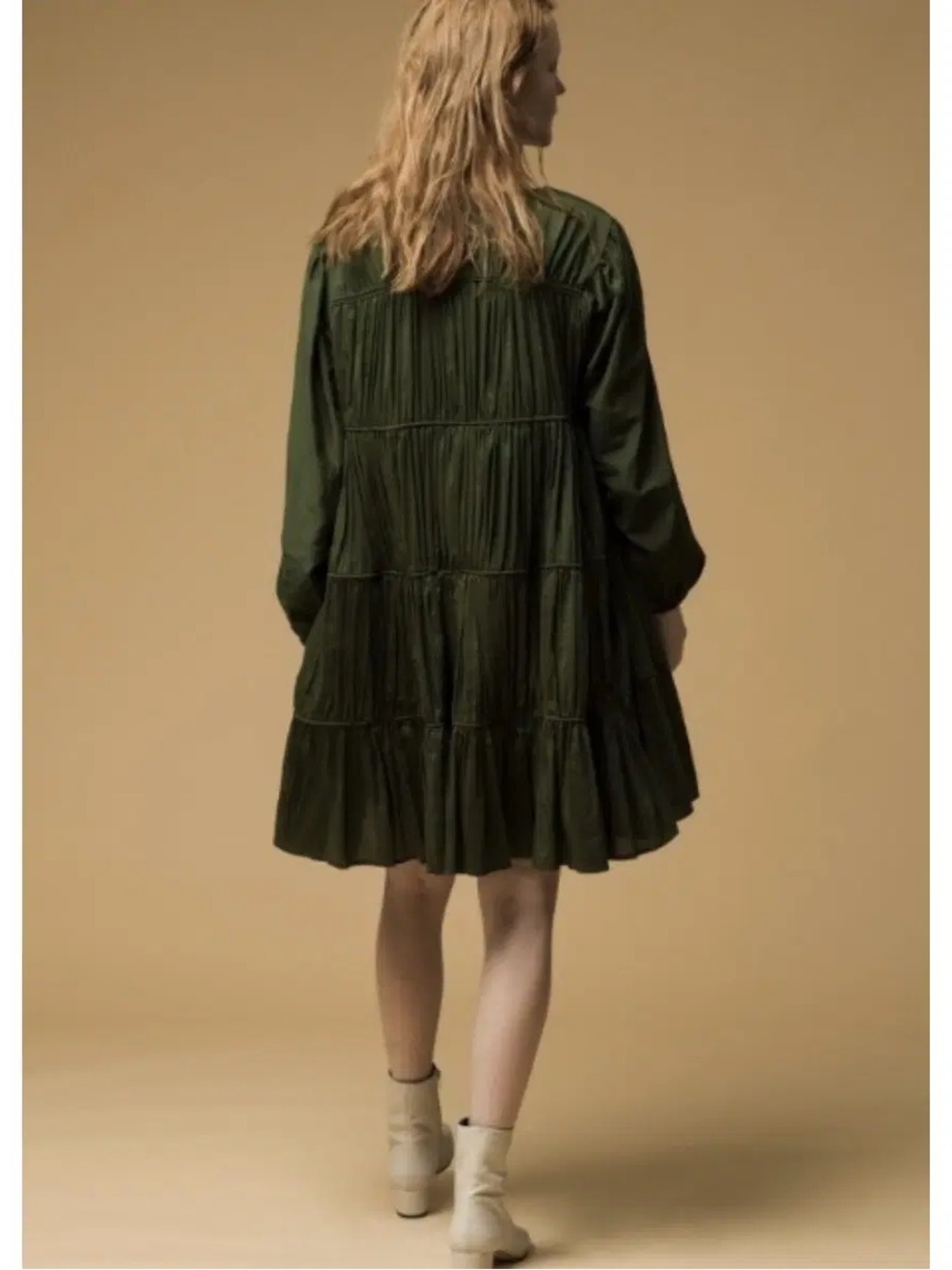 Merlette Olive Green Long-Sleeve Tiered Swing Dress - Picture 2 of 6